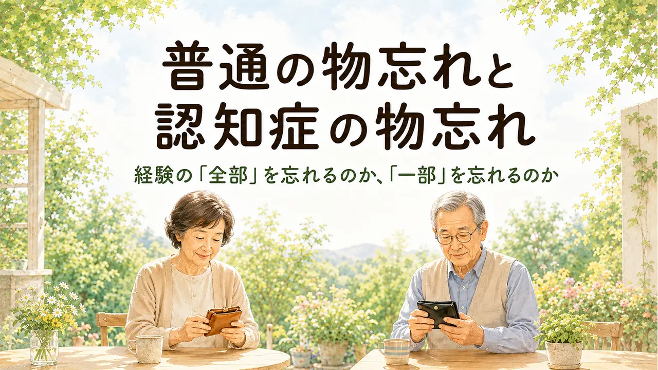 普通の物忘れと認知症の物忘れ。経験の「全部」を忘れるのか、「一部」を忘れるのか。財布を手にした2人のイラスト。