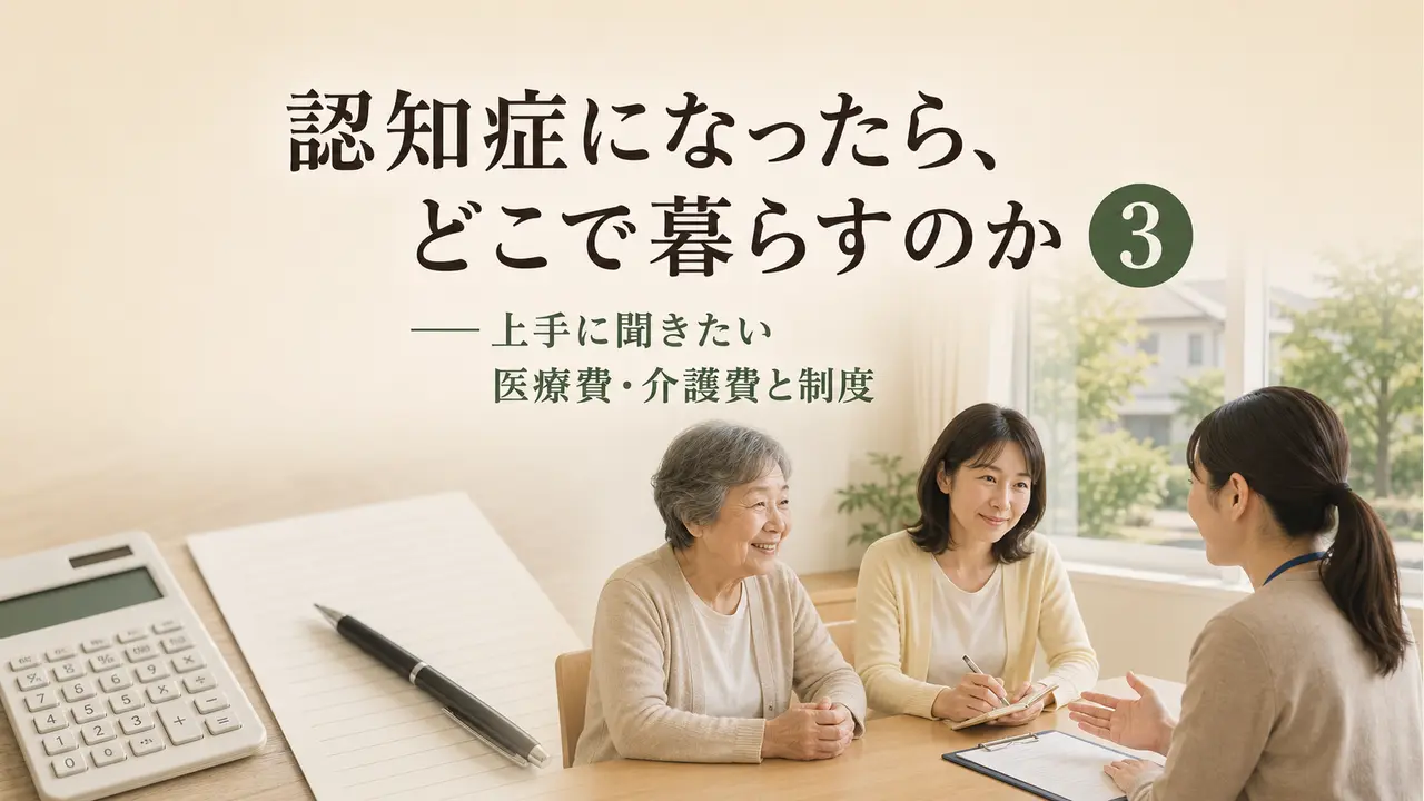 認知症になったら、どこで暮らすのか③。上手に聞きたい医療費・介護費と制度。本人と家族が相談員に相談する場面。